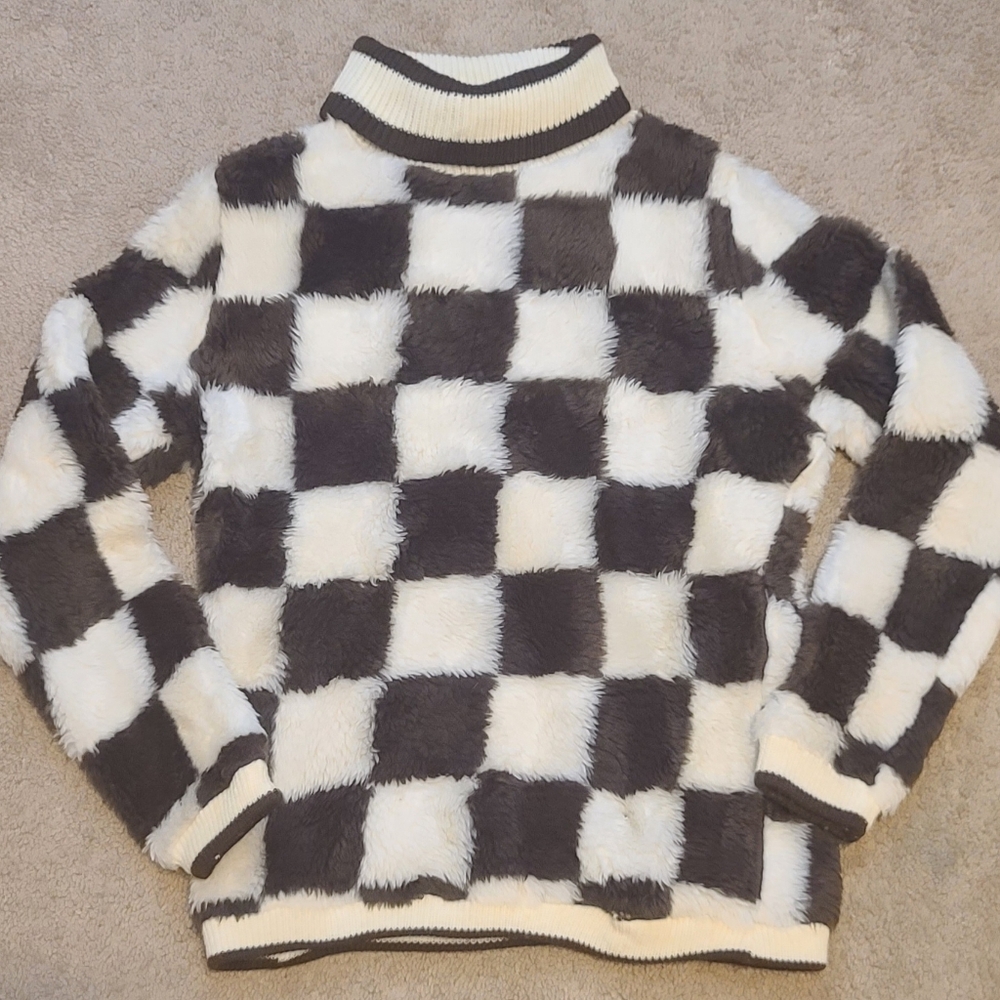 1960's White Stag vintage brown white checkered faux fur turtleneck sweater